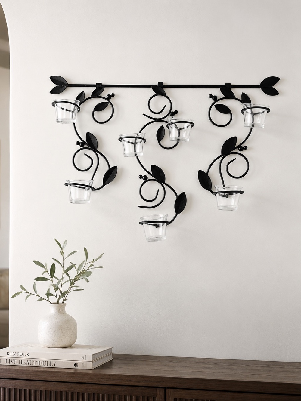 PartyLite Verona Wrought Iron Wall Votive Candle Holder with 7 Glass Cups